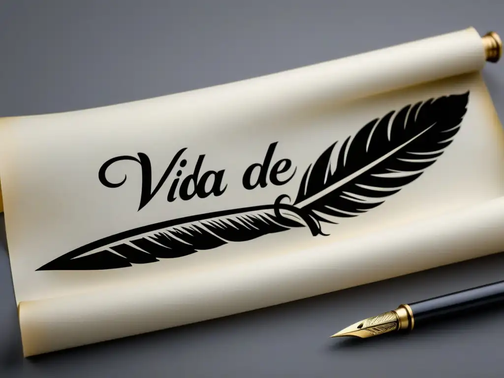 Una pluma escribiendo 'Vida y obra de Lope de Vega' en caligrafía elegante sobre pergamino