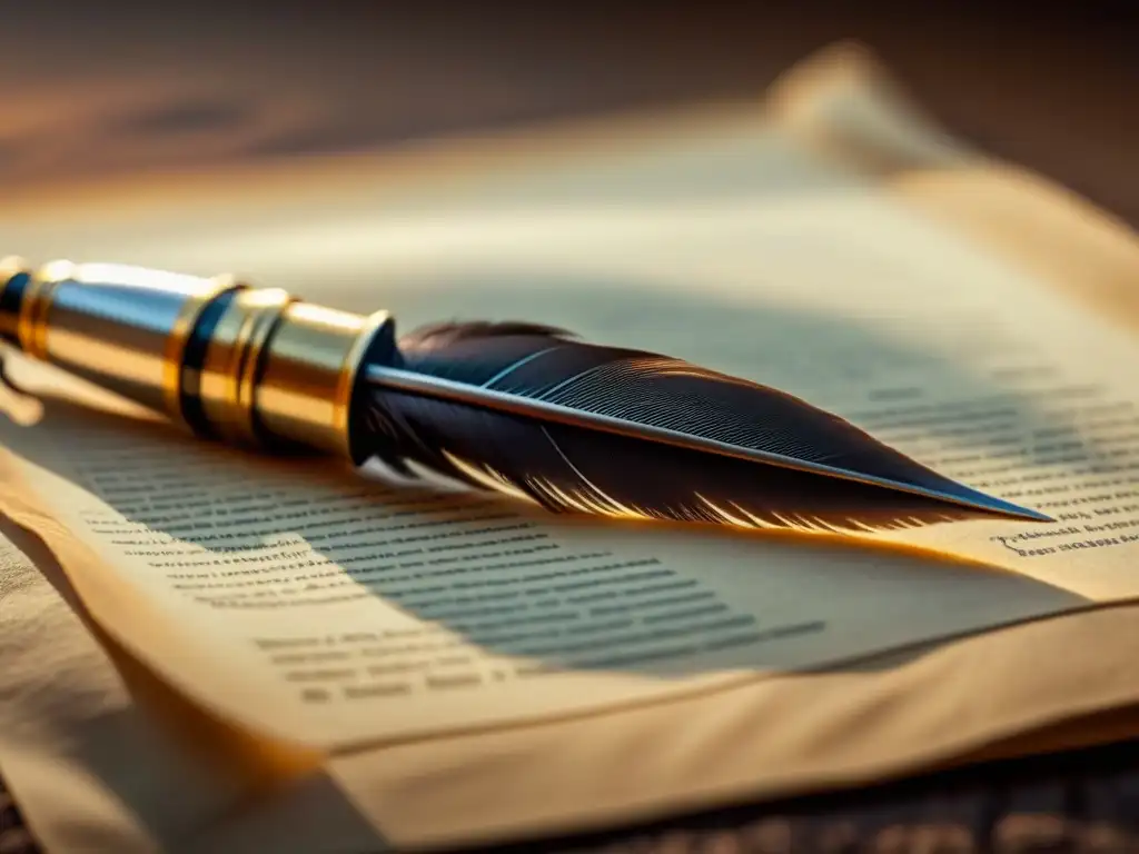Una pluma vintage descansa sobre pergamino en luz natural, creando atmósfera serena para analizar literatura de Borges