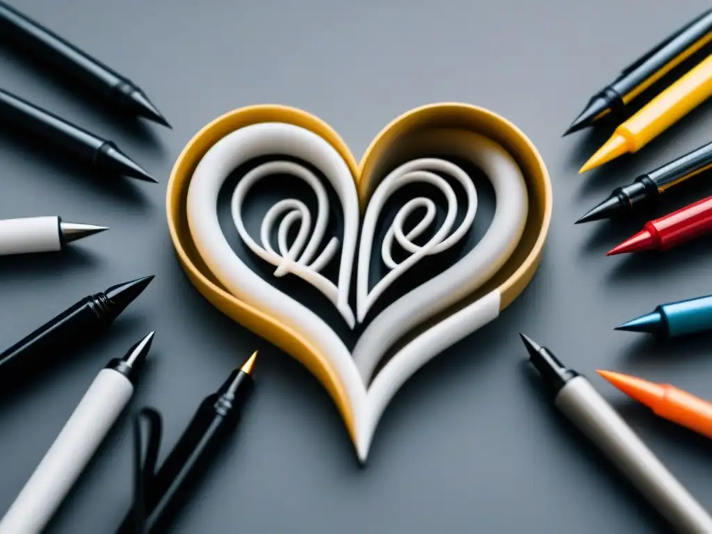 Dos plumas entrelazadas formando un corazón en blanco y negro, simbolizando la unión entre amor y poesía