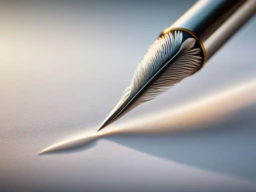 Pluma plateada sobre papel blanco: elegancia poética Plumín plateado sobre papel blanco, destacando la elegancia y serenidad en concursos de poesía original destacarte