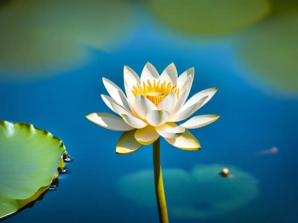Poder transformador de la poesía: loto blanco en estanque sereno, reflejando el cielo azul y la pureza de la naturaleza