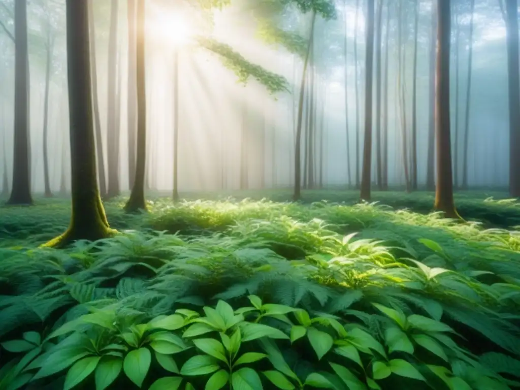 El poder transformador de la poesía lírica en un bosque verde exuberante, con luz filtrándose entre las hojas, creando sombras