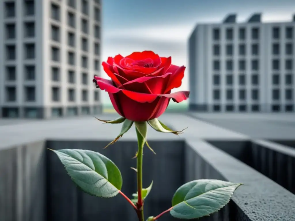 El poder transformador de la poesía: una rosa roja vibrante entre edificios de concreto en blanco y negro