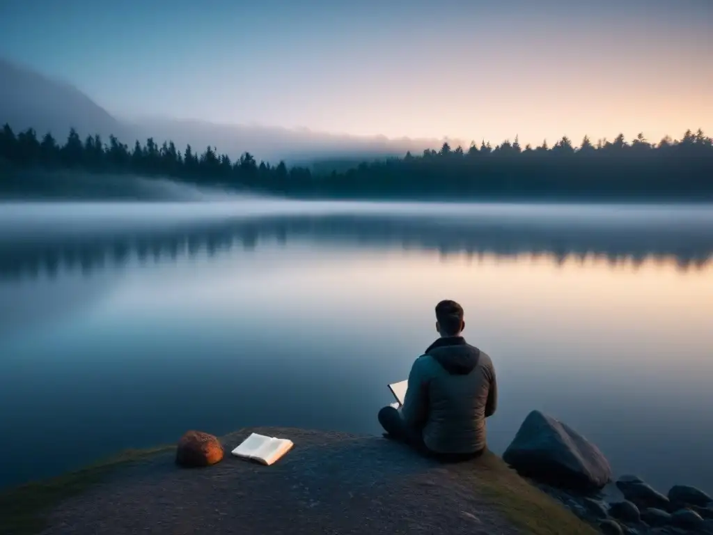 El poder transformador de la poesía: persona solitaria junto al lago al atardecer, inmersa en la contemplación poética