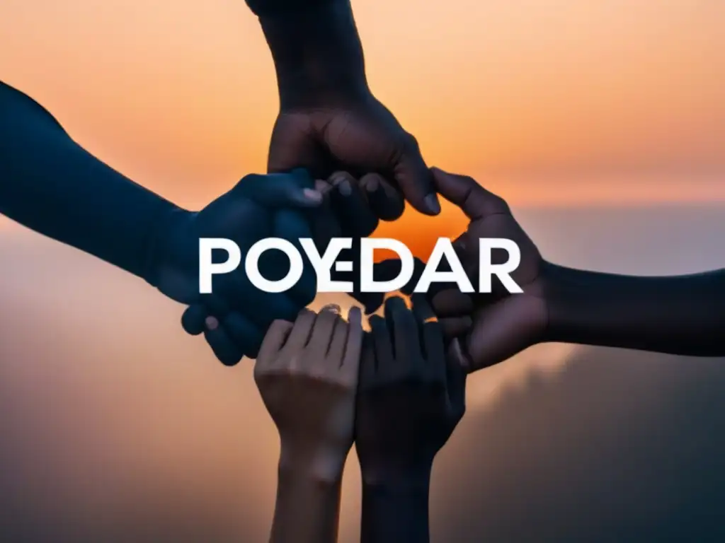 Poderosa imagen de siluetas diversas unidas en círculo, con palabras de 'poder' y 'unidad' integradas sutilmente, simbolizando la poesía activista comunidad transformadora