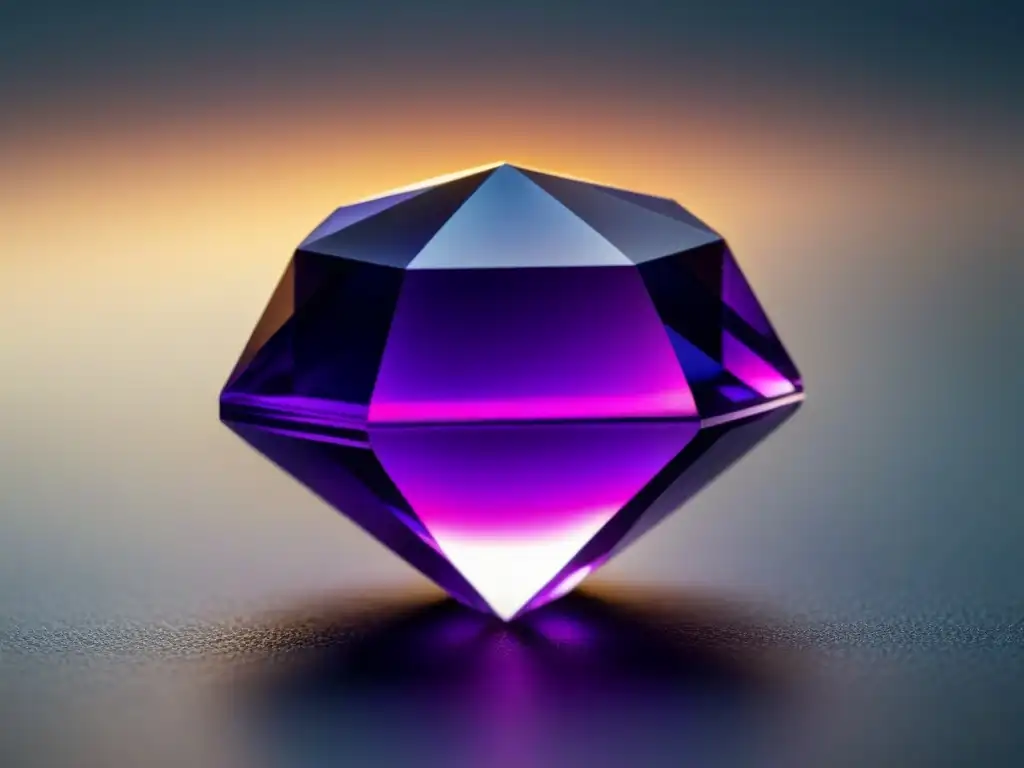 Una poderosa imagen de una única y detallada amatista sobre una superficie reflectante, evocando reflexión filosófica a través de la poesía con sus tonos morados vibrantes y patrones geométricos