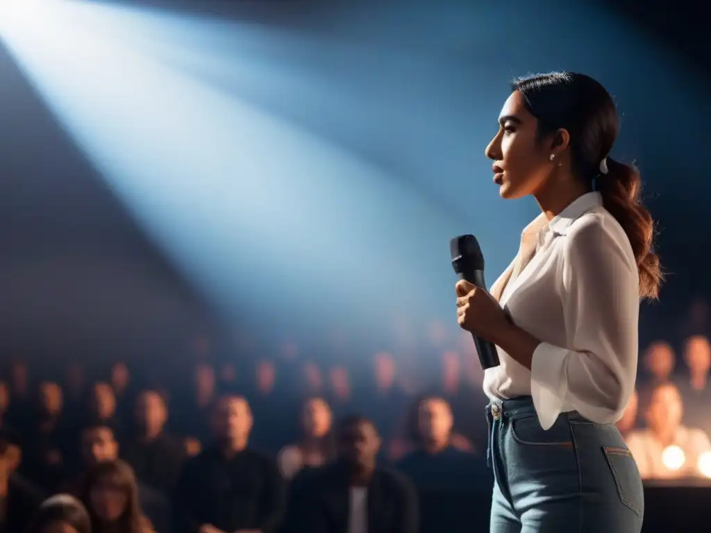 El poderoso impacto de la performance poética de Rupi Kaur en el escenario, transmitiendo emociones intensas