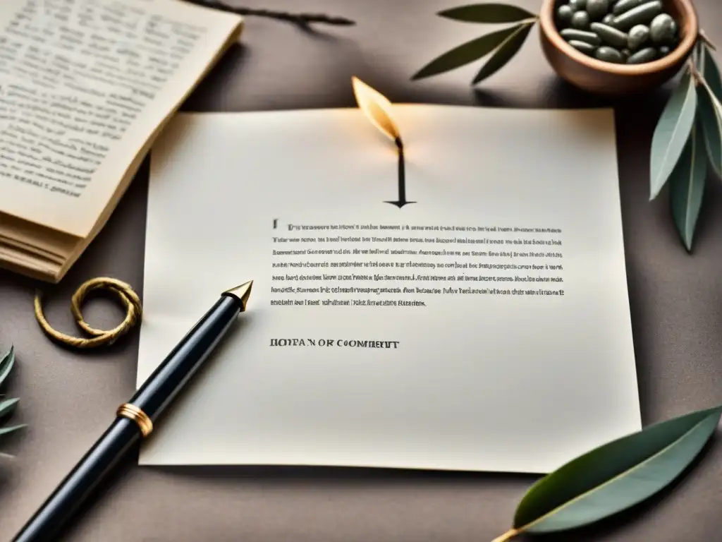 Un poema de activismo: una pluma crea versos sobre derechos humanos en papel blanco, rodeada de símbolos como balanzas de justicia y ramas de olivo