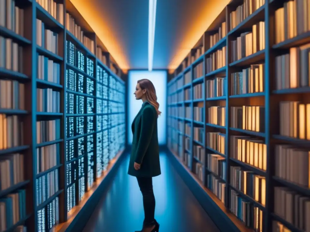 Poema binario: código y elegancia futurista Un poema digital de líneas elegantes y circuitos entrelazados, en una biblioteca futurista