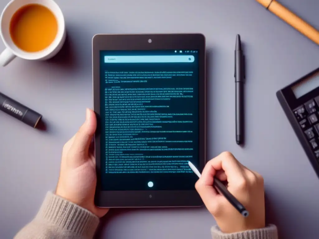 Fusión de poesía y tecnología: tablet muestra poema digital rodeado de símbolos y elementos artísticos