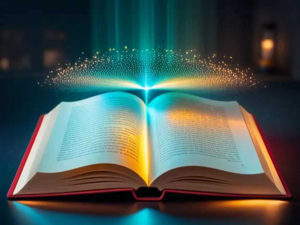 Poema holográfico etéreo sobre libro abierto, fusionando tecnología y poesía en realidad aumentada