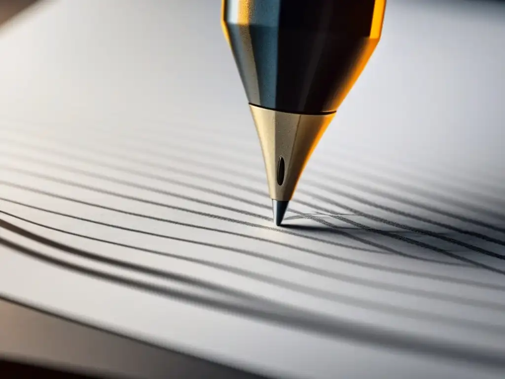 Pluma poética: danza de versos en blanco y negro Un poema de líneas y formas: un bolígrafo dibuja con gracia sobre papel en blanco, simbolizando el ritmo y rima en poesía