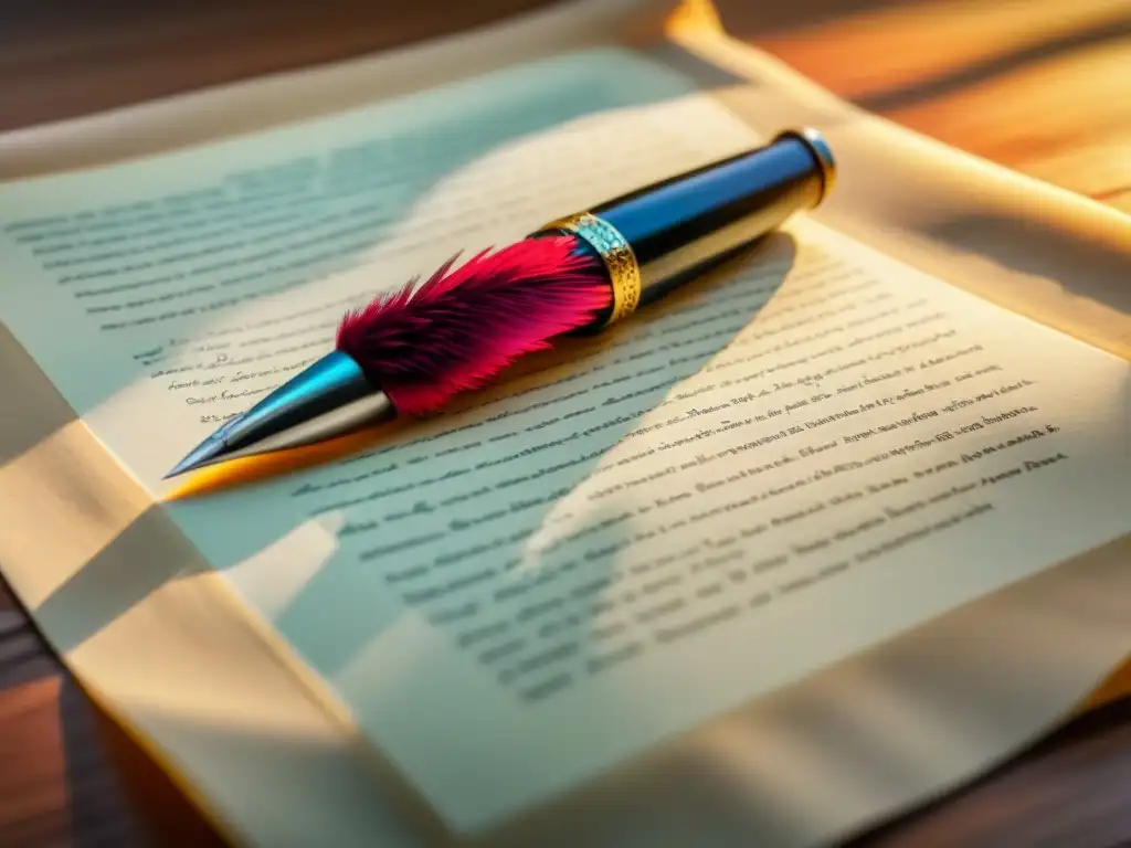 Creación poética: pluma traza décima espinela con elegancia Un poema lírico en décima espinela, delicadamente escrito con pluma sobre pergamino, iluminado suavemente