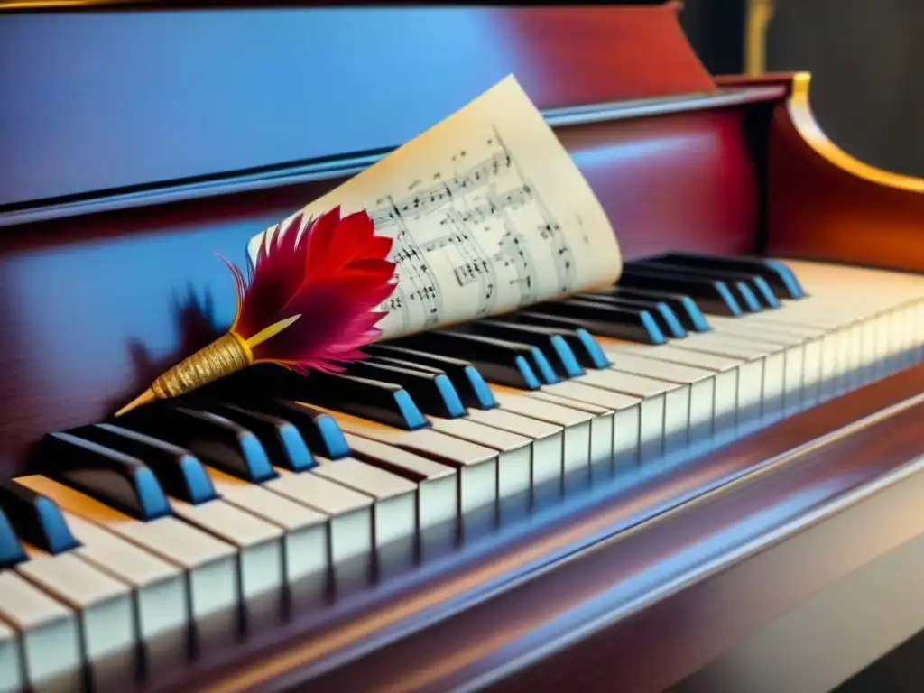 Un poema musical: pluma sobre piano, partitura con versos de Shakespeare