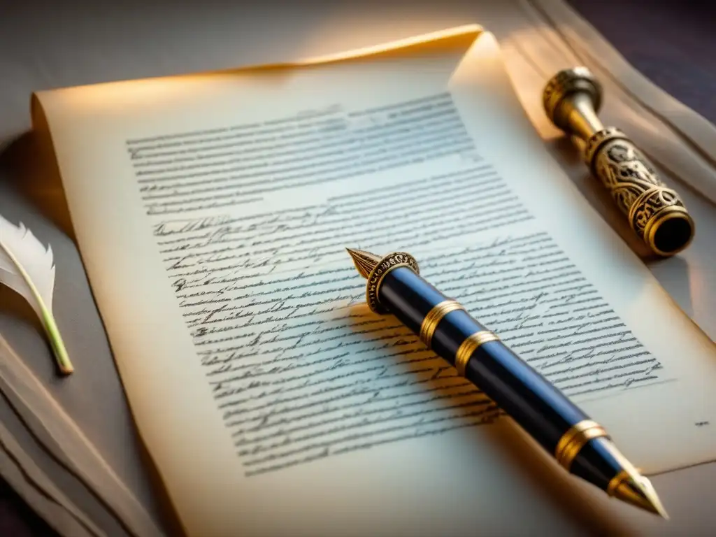 Pluma neoclásica creando poesía en pergamino antiguo Un poema neoclásico cobra vida con una pluma en pergamino envejecido, rodeado de sombras de antiguos poetas