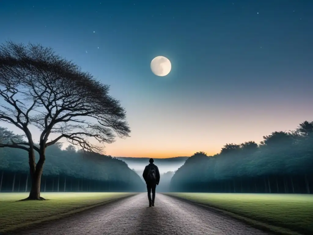 Un poema visual: figura solitaria bajo un cielo estrellado, con la luna iluminando el horizonte entre siluetas de árboles