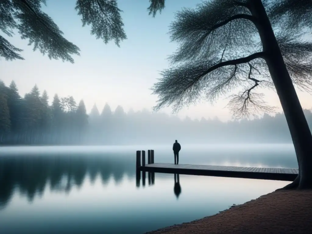 Un poema visual: figura solitaria cerca del lago, árboles altos reflejados en el agua