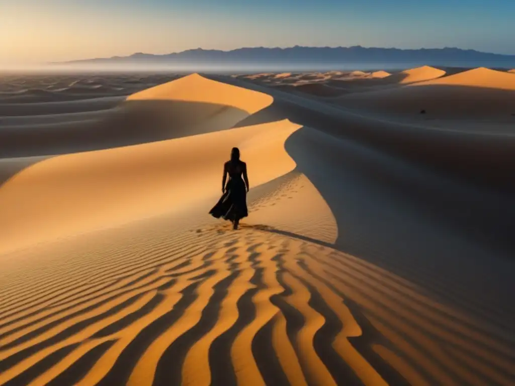 Un poema visual: figura solitaria en un desierto infinito al atardecer, bajo cielo azul