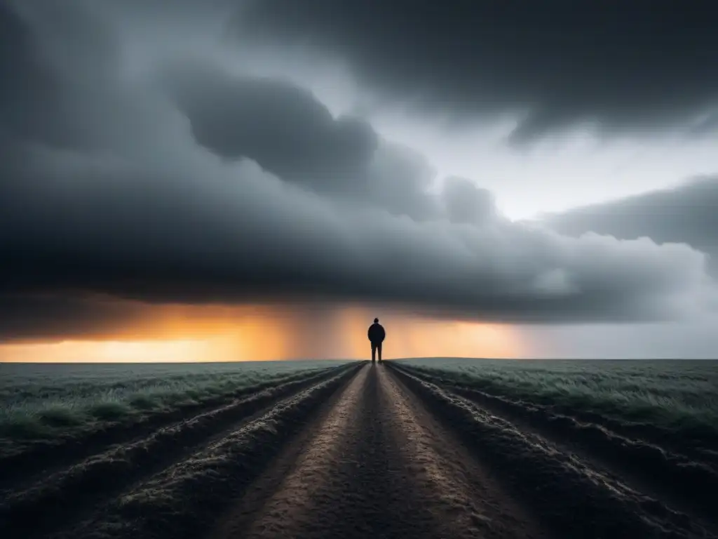 Un poema visual: figura solitaria en un paisaje desolado bajo un cielo tormentoso, evocando la realidad en la poesía Hardy