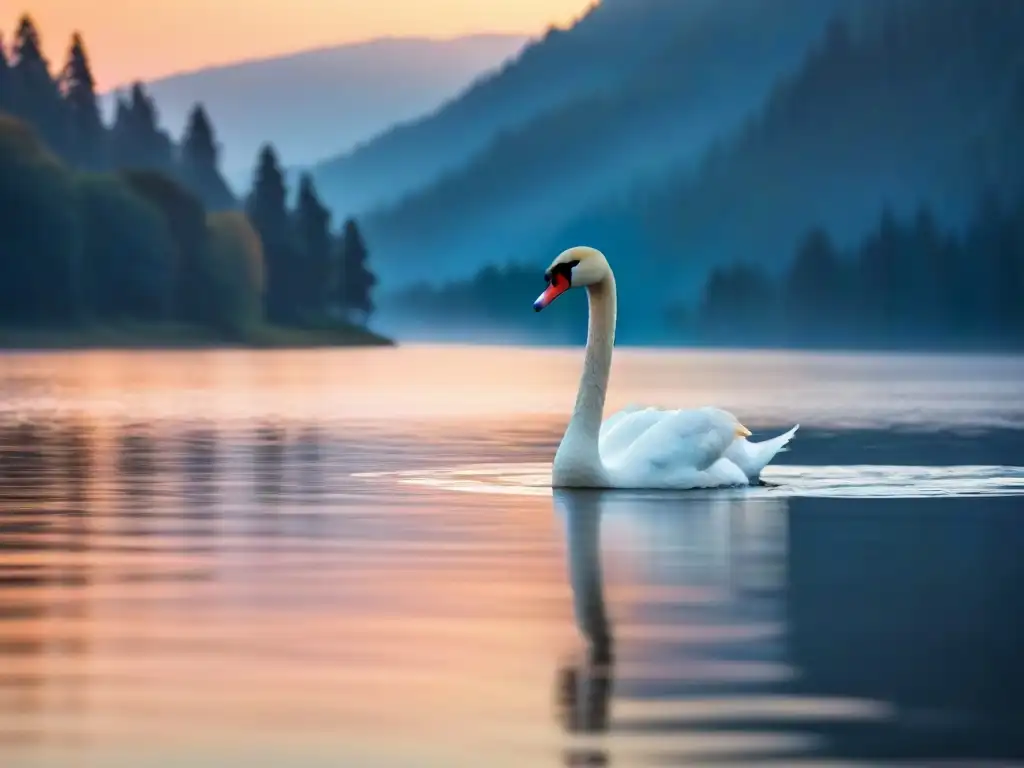 Un poema visual: un lago tranquilo refleja un suave atardecer, con un cisne solitario deslizándose graciosamente