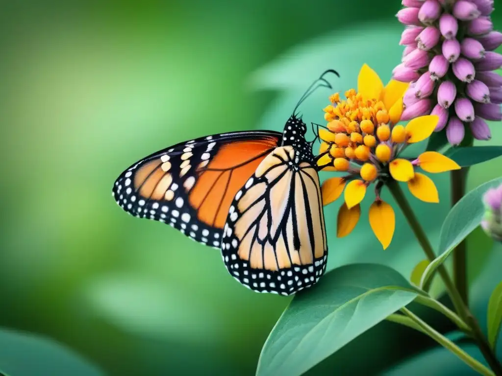 Poema visual de una mariposa monarca en una flor, resaltando la belleza y fragilidad de la naturaleza