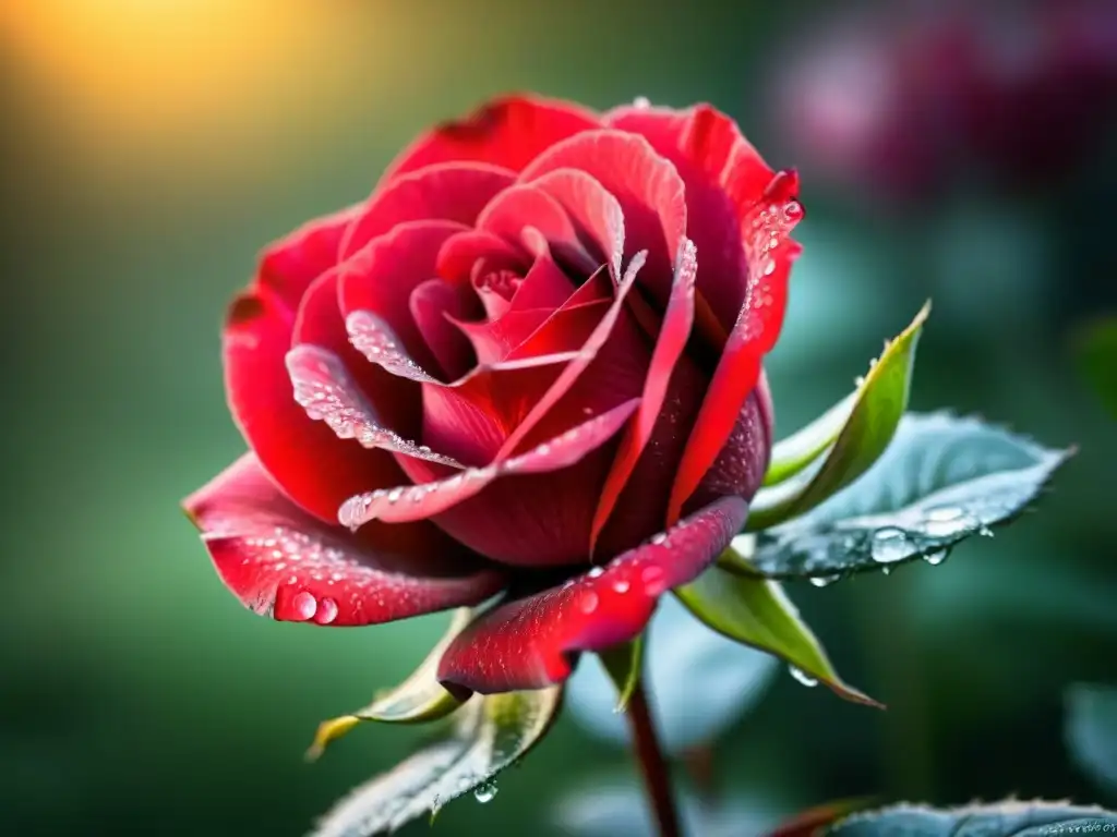 Un poema visual: una rosa roja en plena floración con rocío brillante al amanecer en un jardín tranquilo