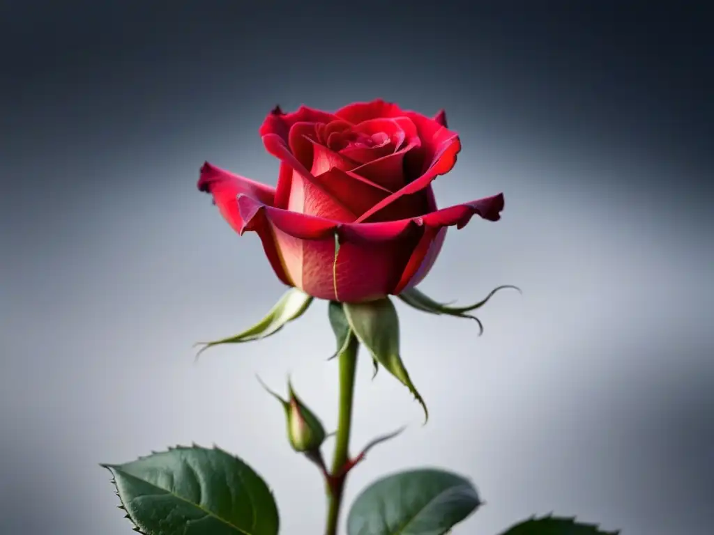 Un poema visual: una rosa roja vibrante deslumbrando en un fondo blanco, bajo la luz del sol