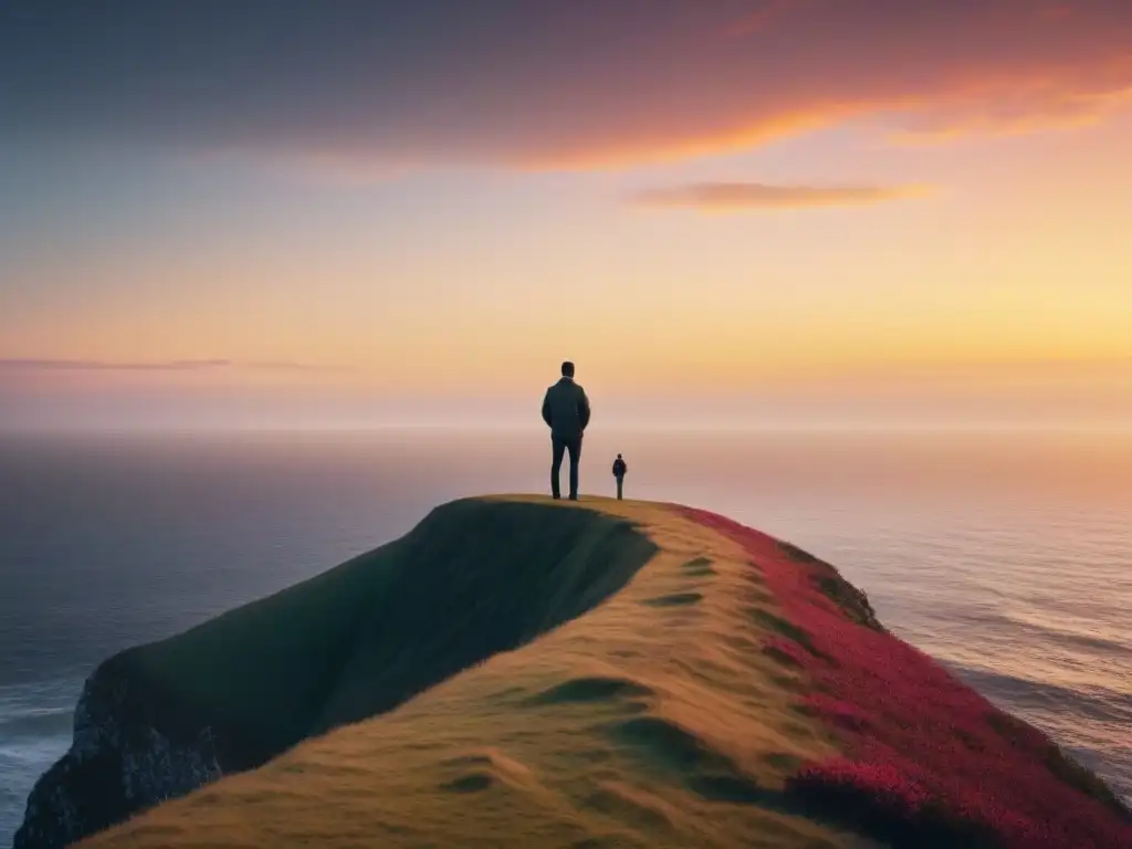 Silueta contemplativa al atardecer en acantilado, frente al mar infinito Un poema visual: silueta solitaria en el acantilado, contemplando el vasto océano al atardecer