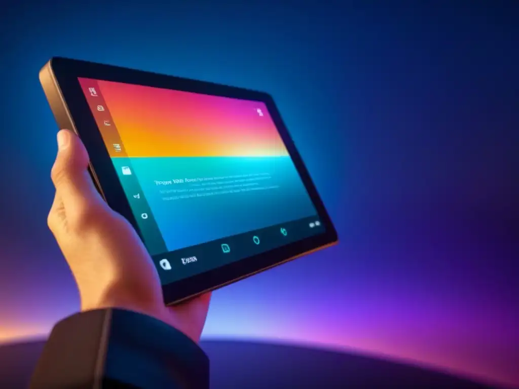Un poema visualizado en una tableta futurista, fusionando tecnología y poesía transformadora con colores vibrantes y patrones geométricos