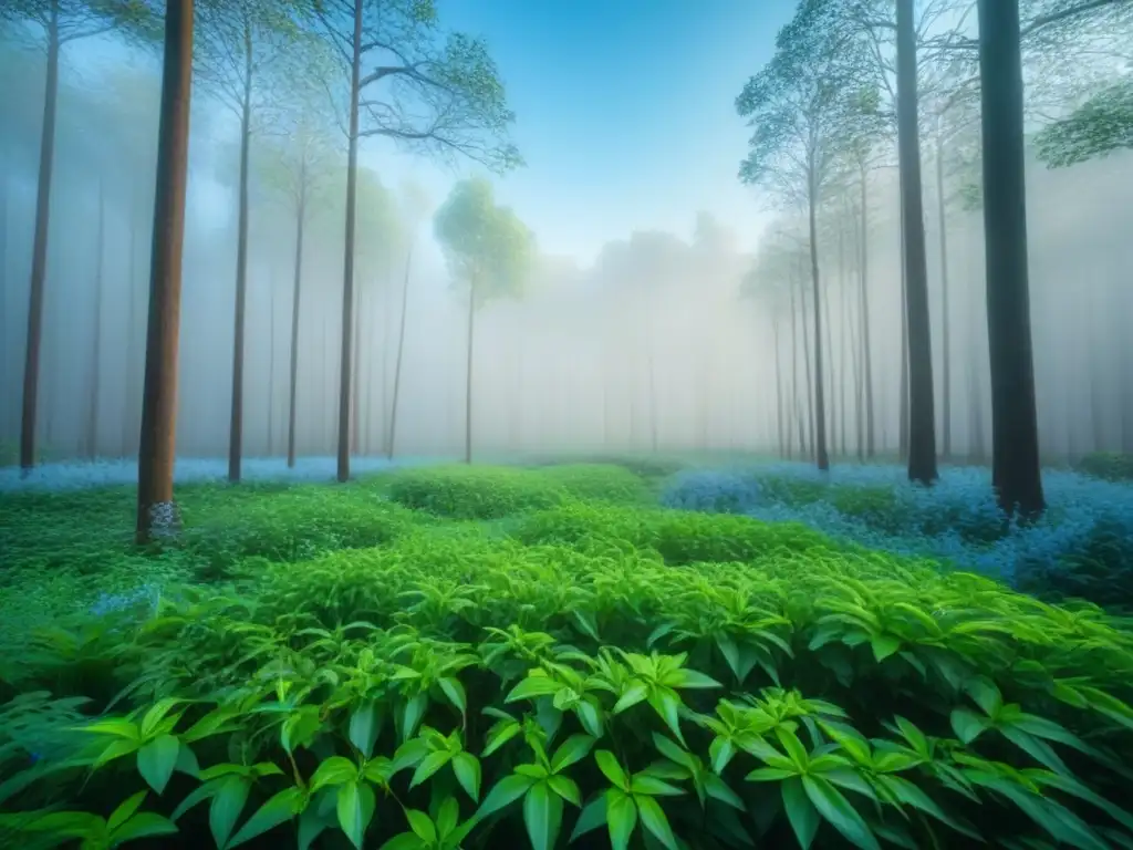 Poemas sobre recuperación ambiental: Bosque exuberante renace en tierra árida, lleno de vida y esperanza bajo cielo azul