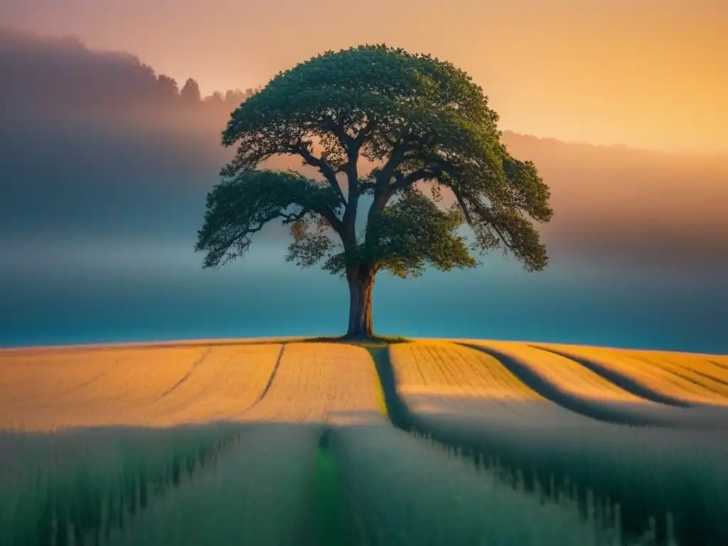 La poesía transforma: un árbol solitario se alza en un campo al atardecer, proyectando una larga sombra en un paisaje tranquilo