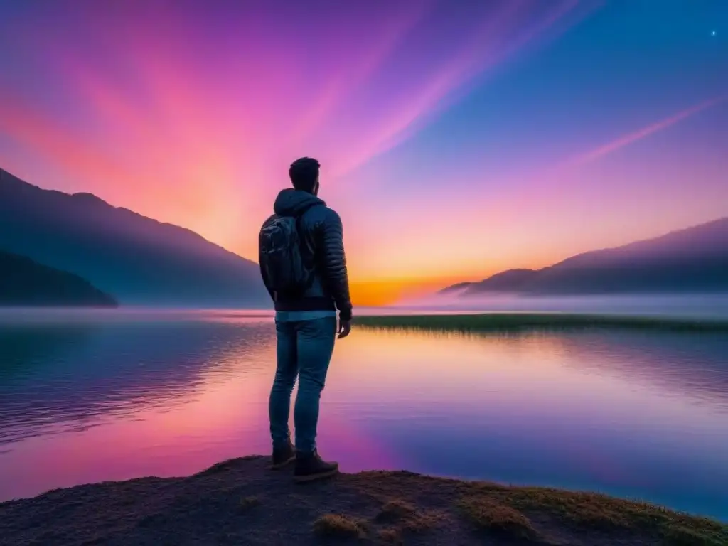 La poesía como expresión de vida: una figura solitaria contempla un lago tranquilo al atardecer, bajo un cielo estrellado