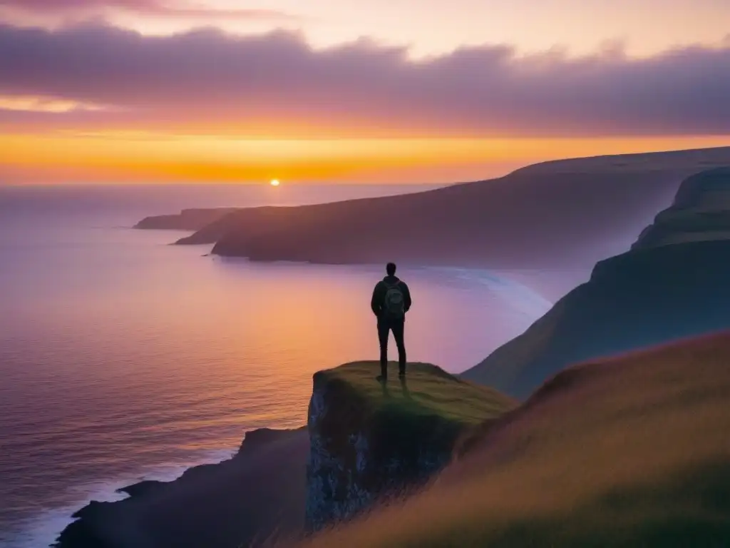 La poesía transforma: figura solitaria en acantilado, contemplando el océano al atardecer