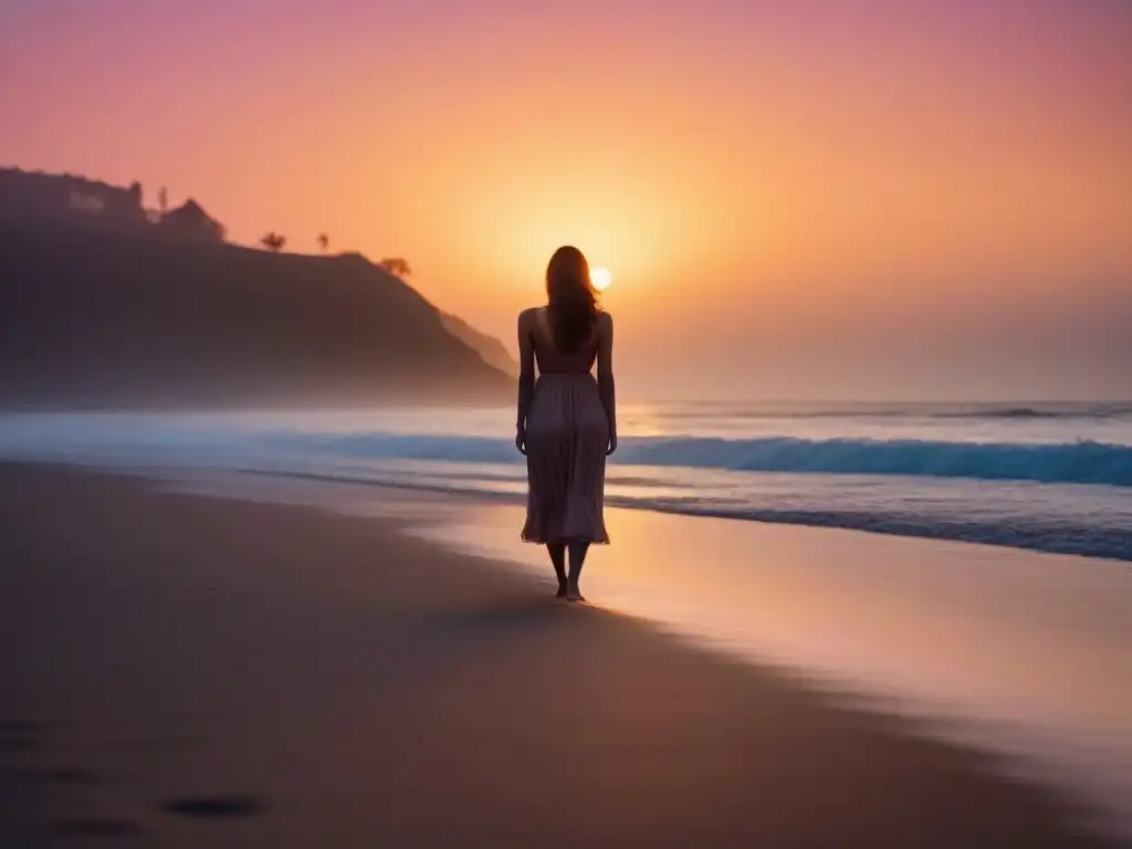 Una poesía transformadora frente a la erosión: figura solitaria en la playa al atardecer, con olas y cielo anaranjados