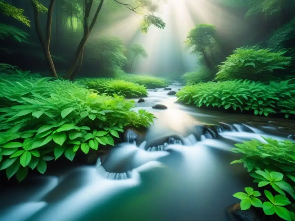 Poesía como herramienta de cambio: arroyo cristalino fluyendo suavemente en un bosque verde y exuberante, con la luz filtrándose entre las hojas