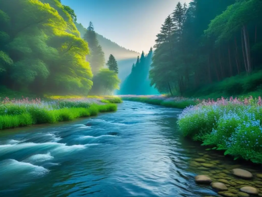 Poesía como herramienta de cambio: río cristalino fluyendo suavemente entre un bosque verde con flores salvajes vibrantes