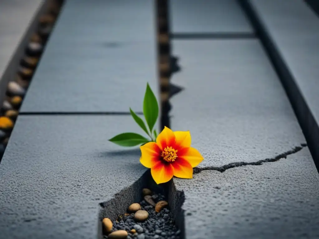 La poesía florece en lo inesperado: poder transformador de la poesía con una flor vibrante rompiendo el concreto