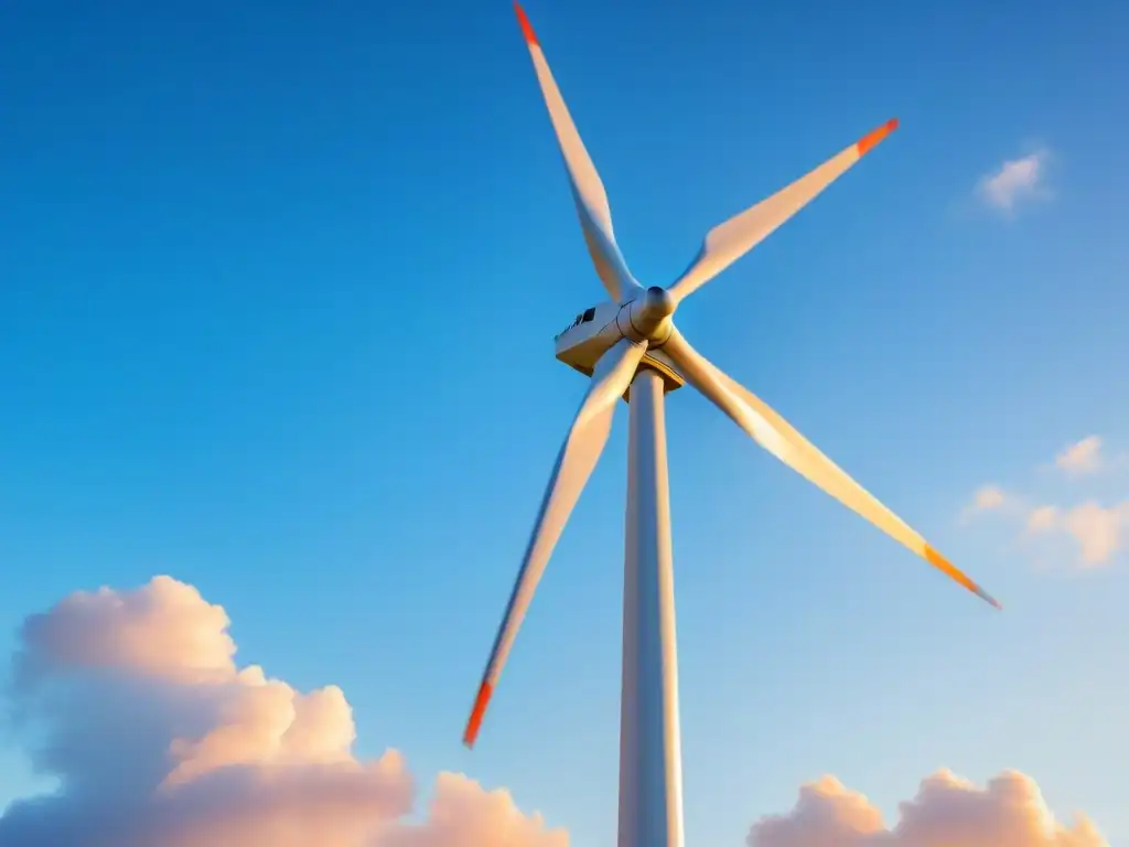 Poesía inspirada en energías limpias: Un molino de viento destaca en el cielo azul, con nubes suaves al fondo