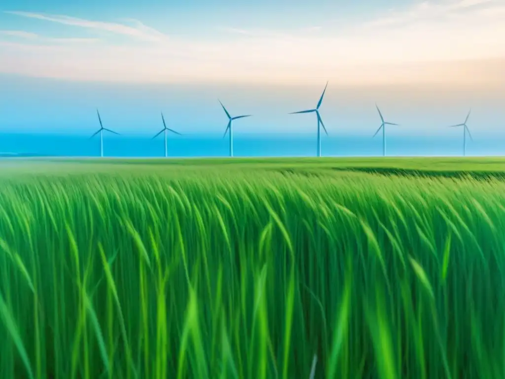 Poesía inspirada en energías limpias: Campo de hierba ondeando al viento, cielo azul y molino en el horizonte