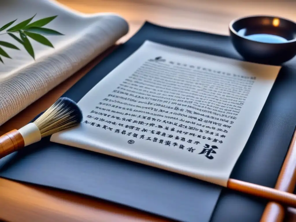 Una poesía japonesa contemporánea influencia, haiku elegante en washi con pincel de bambú