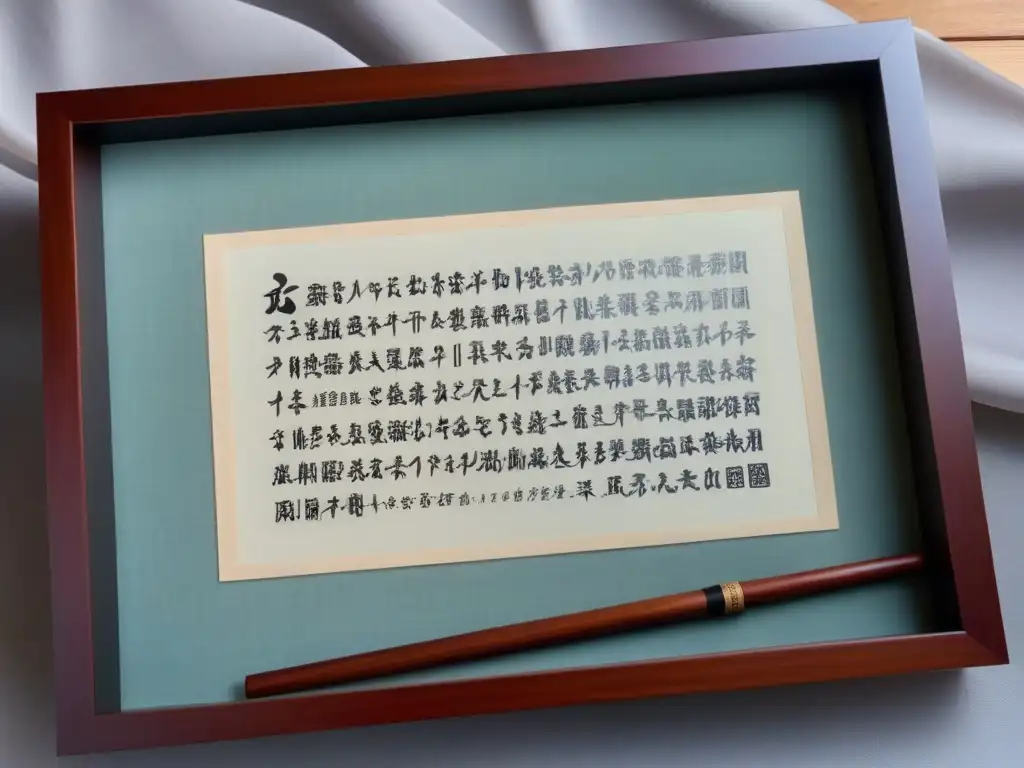 Una poesía haiku japonesa escrita con caligrafía elegante en papel de arroz, enmarcada en un sencillo pergamino de madera