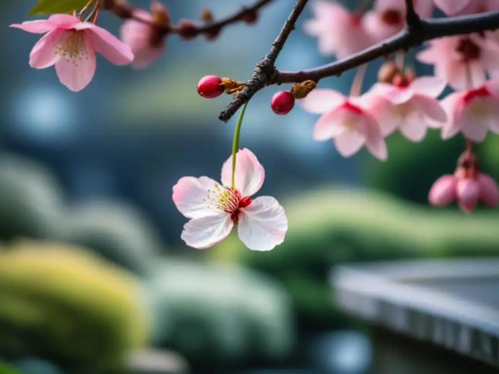 La poesía minimalista de un pétalo de cerezo flotando en un jardín japonés