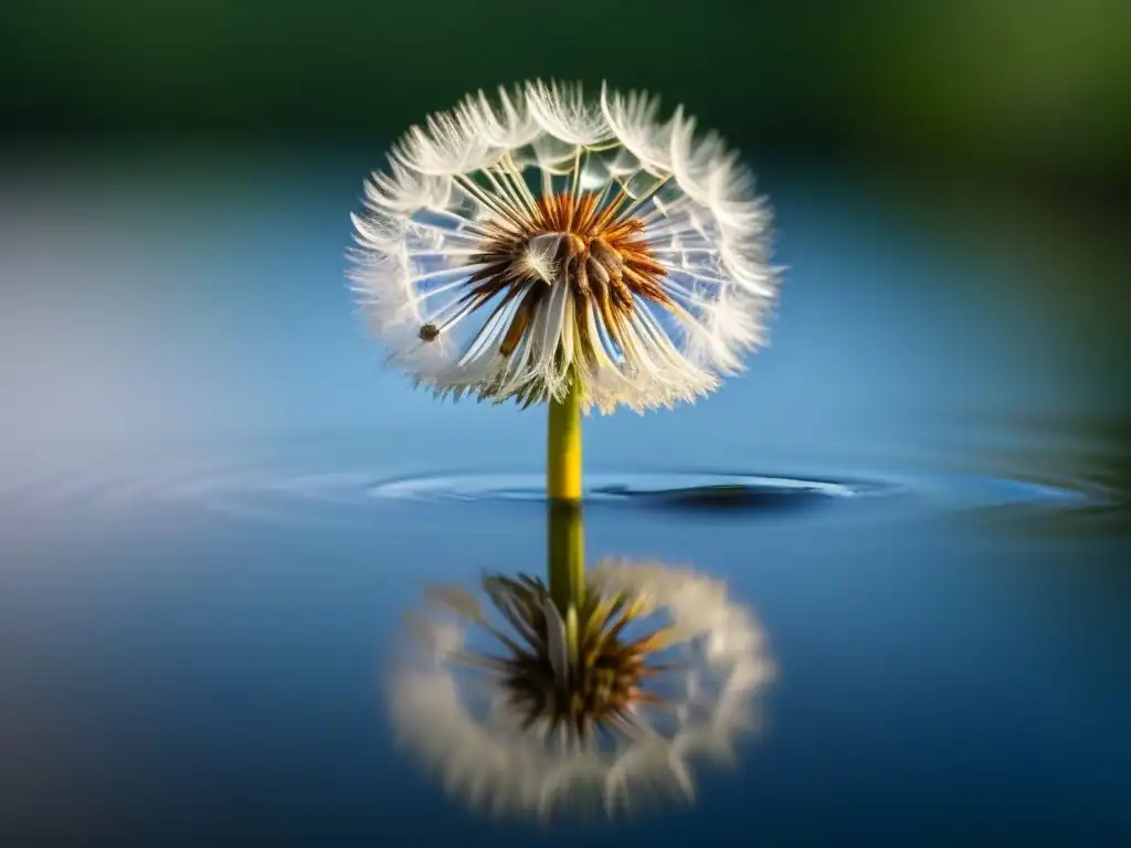 La poesía minimalista de una semilla de diente de león sobre agua tranquila, reflejando su fuerza transformadora