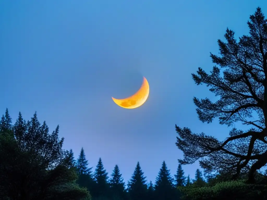 Una poesía nocturna y susurros crepúsculo: la luna creciente entre nubes, iluminando un paisaje nocturno sereno