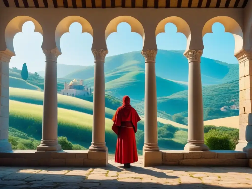 Monasterio antiguo en colinas verdes: ilustración detallada Poesía religiosa Alonso Ledesma: Monasterio antiguo en colinas verdes bajo cielo azul sereno