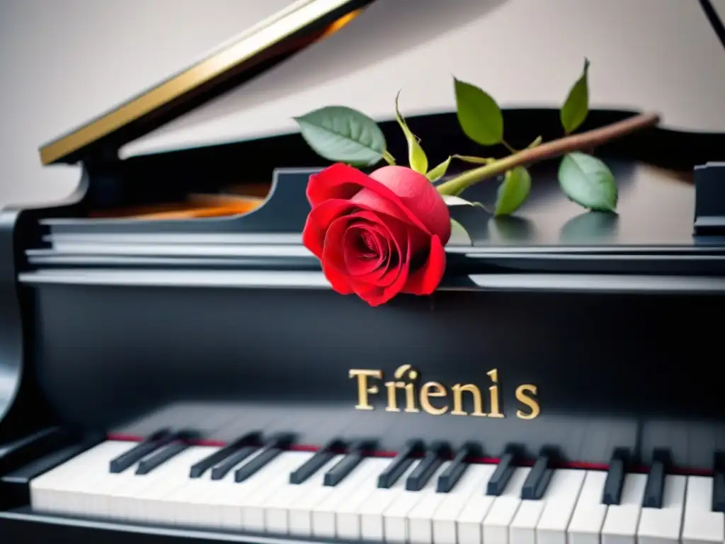 La poesía de una rosa roja sobre un elegante piano negro, iluminado por luz natural, creando una sinergia entre música y naturaleza