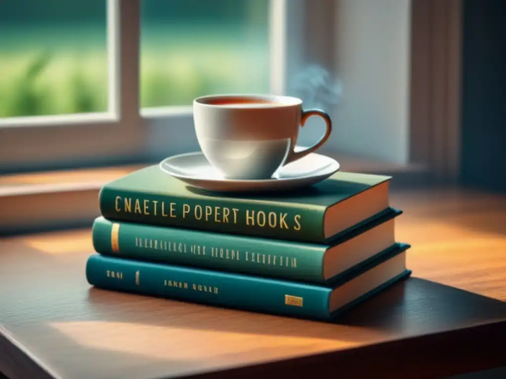Poesía como terapia emocional: Pila de libros de poesía sobre escritorio de madera, iluminados por luz natural, junto a taza de té humeante