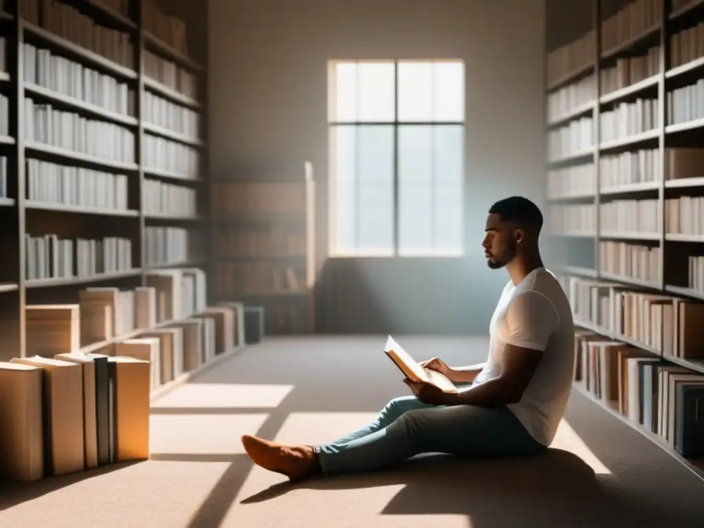 Poesía como terapia contra enfermedad mental: Persona tranquila entre libros y poesía, hallando sanación en la luz