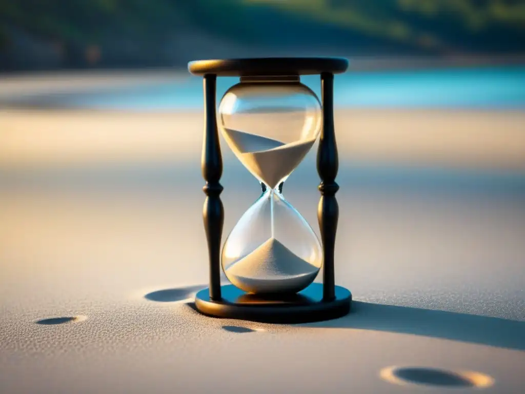 Poesía como transformación del tiempo: Un reloj de arena blanco y negro, símbolo eterno del flujo temporal, en un fondo difuminado
