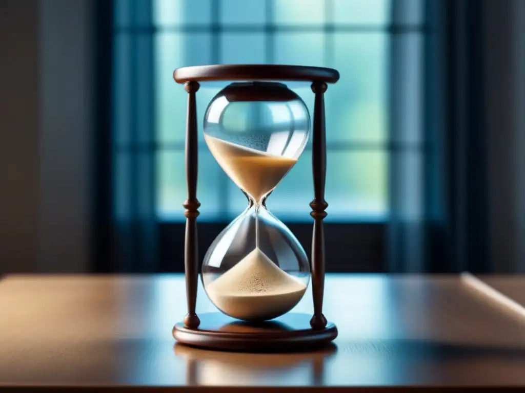 Poesía como transformación del tiempo: un solitario reloj de arena en un elegante escritorio, bajo suave luz natural